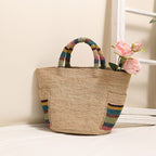 Premium Raffia Handheld Woven Bag  Large Colorful Beach Tote with External Pocket for Spring Vacation & Daily Use