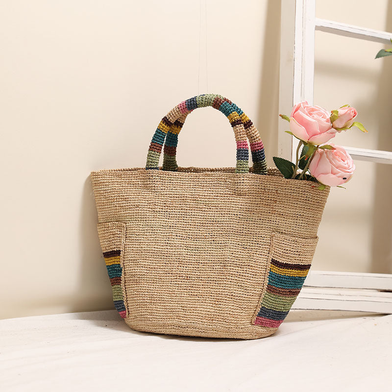Premium Raffia Handheld Woven Bag  Large Colorful Beach Tote with External Pocket for Spring Vacation & Daily Use