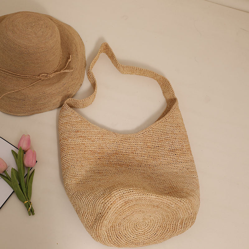 Raffia Straw Bucket Shoulder Bag  Medium Open-Top Woven Tote, Single-Strap Summer Carryall for Daily & Beach Outfits