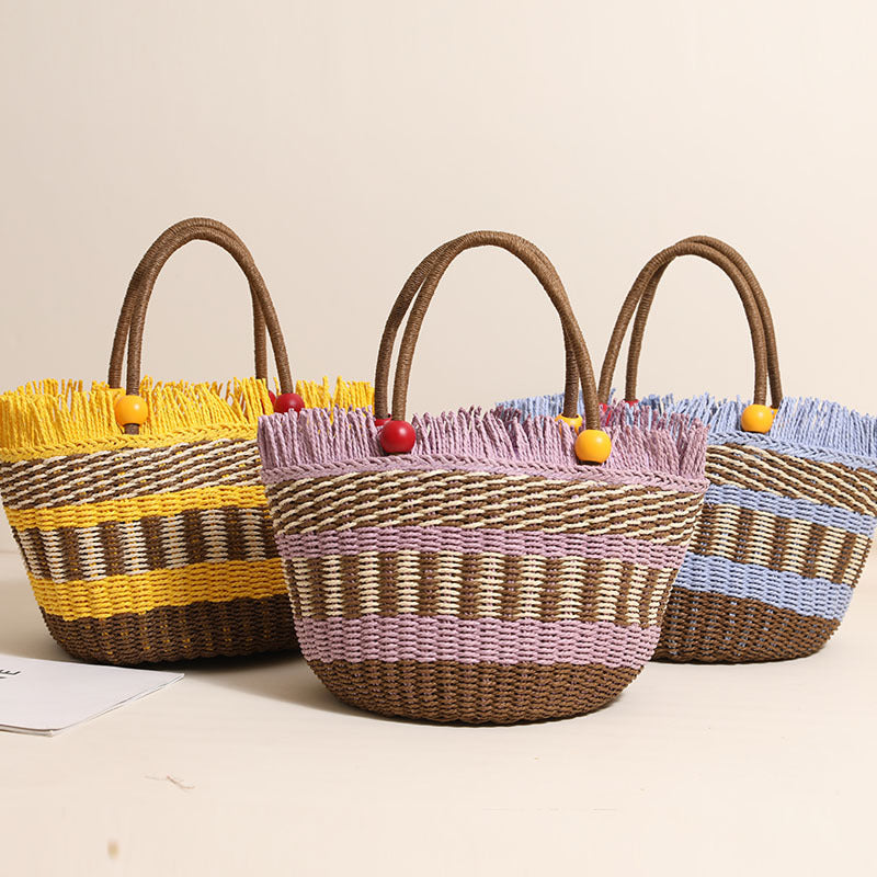 Cute Wooden Bead Straw Bucket Bag  Frayed Edge Paper Woven Handbag with Drawstring, Medium Beach & Holiday Tote