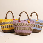 Cute Wooden Bead Straw Bucket Bag  Frayed Edge Paper Woven Handbag with Drawstring, Medium Beach & Holiday Tote