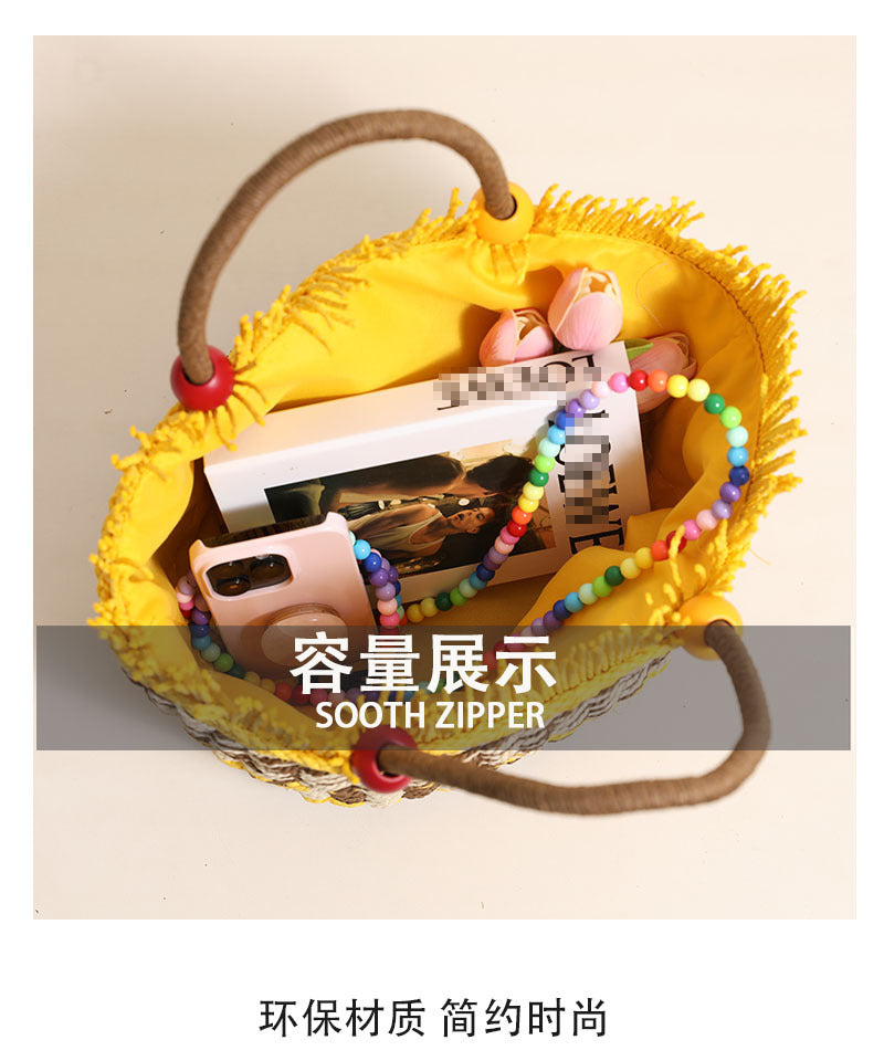Cute Wooden Bead Straw Bucket Bag  Frayed Edge Paper Woven Handbag with Drawstring, Medium Beach & Holiday Tote