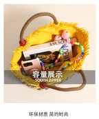 Cute Wooden Bead Straw Bucket Bag  Frayed Edge Paper Woven Handbag with Drawstring, Medium Beach & Holiday Tote