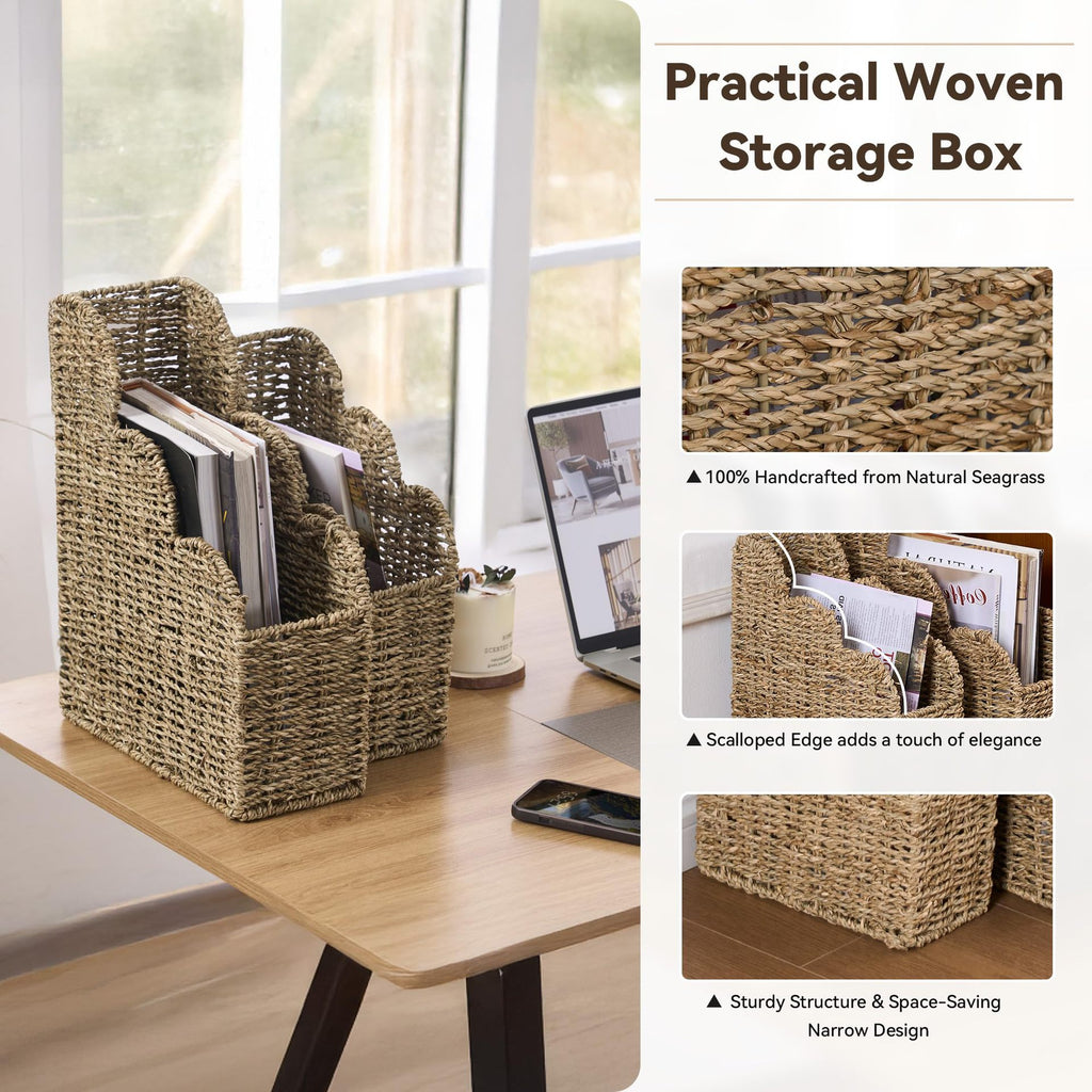 Seagrass Magazine Holder  Handwoven File Organizer Basket for Living Room & Home Office, Scalloped Design, 2 Sizes