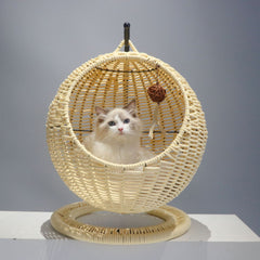 Handwoven Seagrass Hanging Cat Bed  Semi-Enclosed Cat Hammock with Cushion, Natural Pet Basket for Indoor Rest & Play