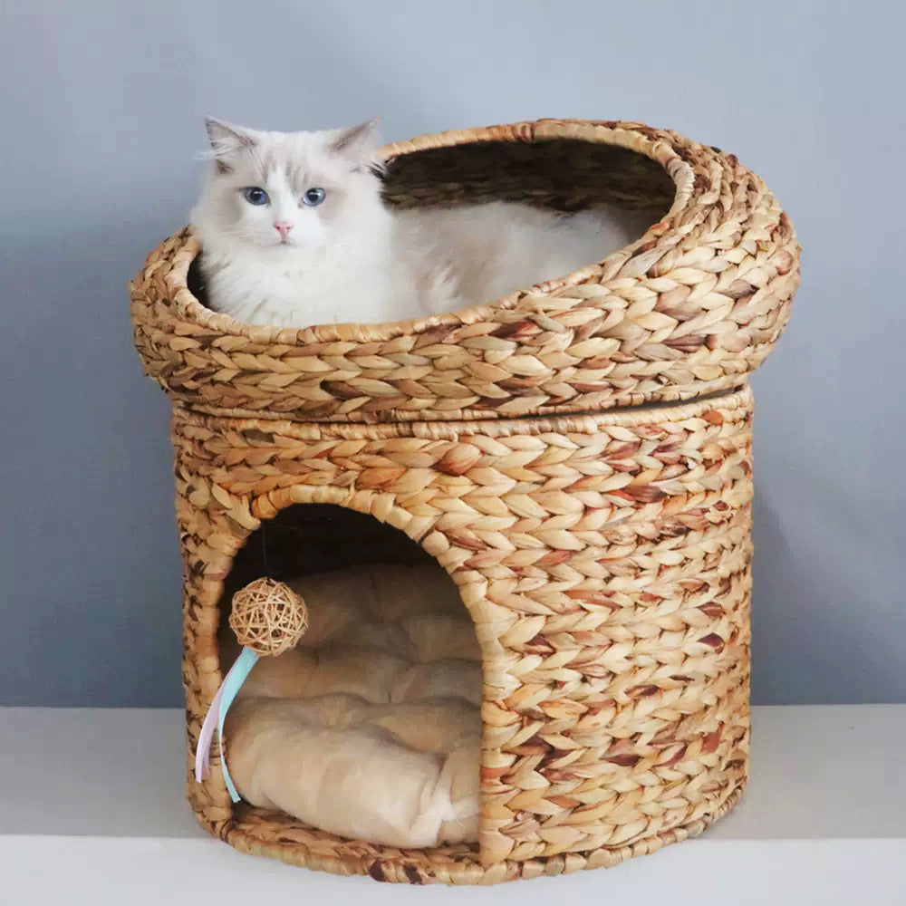 Breathable Woven Double-Layer Cat House with Cushion  All-Season Semi-Enclosed PP Rattan Pet Bed