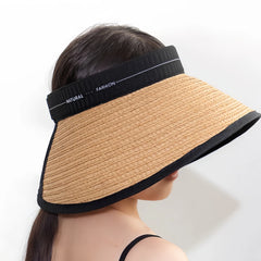 Raffia Wide-Brim Open-Top Sun Visor Hat for Women | Khaki Breathable UV-Shade Summer Hat
