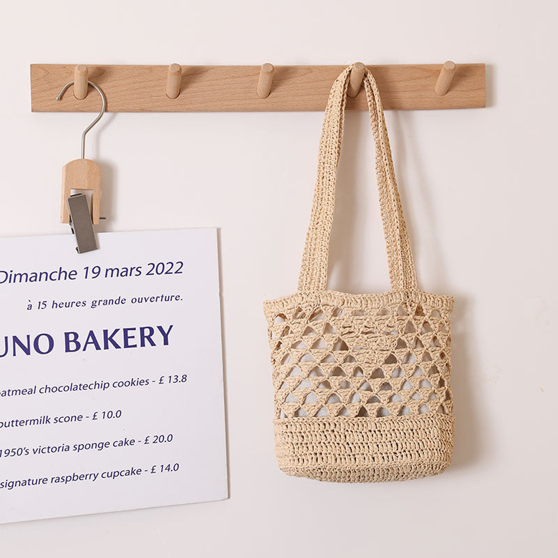 Raffia Straw Shoulder Bag  Minimal Solid-Color Hollow Woven Tote, Medium Open-Top Beach & Daily Handbag