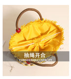 Cute Wooden Bead Straw Bucket Bag  Frayed Edge Paper Woven Handbag with Drawstring, Medium Beach & Holiday Tote