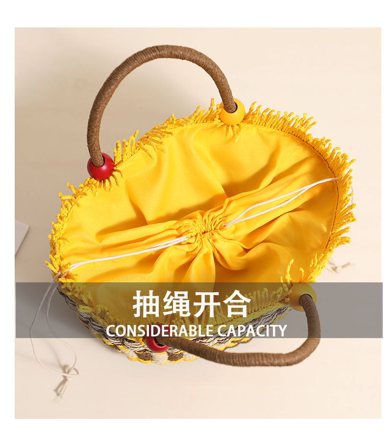 Cute Wooden Bead Straw Bucket Bag  Frayed Edge Paper Woven Handbag with Drawstring, Medium Beach & Holiday Tote