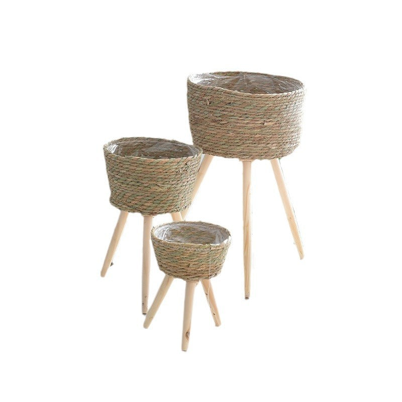 Woven Grass Planter Basket on Stand  Nordic Indoor Plant Holder for Living Room & Balcony