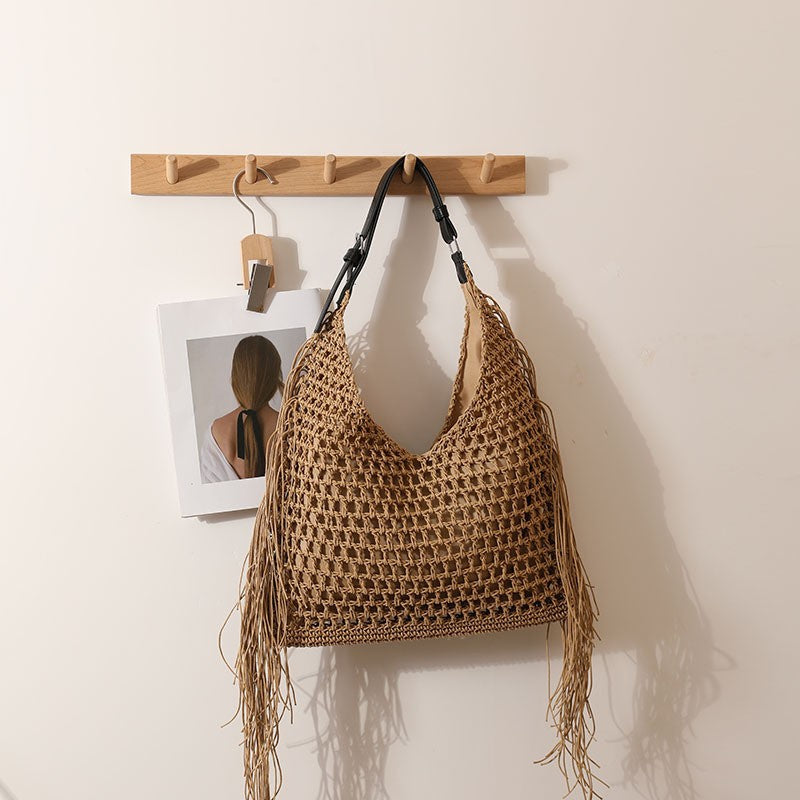 Fashionable Tassel Shoulder Raffia Bag  Large Capacity Hollow Weave Tote for Beach, Vacation & Everyday Use