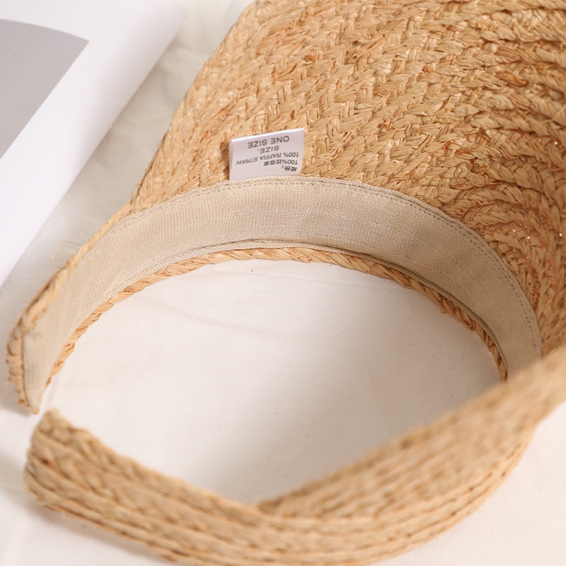 Raffia Open-Top Sun Visor Hat for Women, Wide Brim Straw Beach Vacation Hat