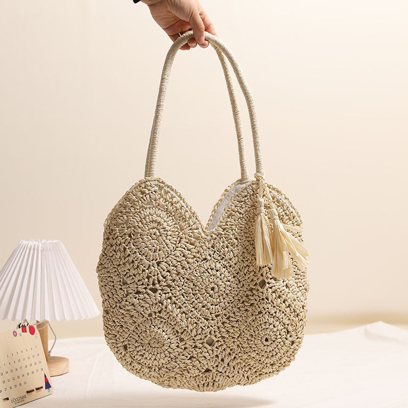 Hollow Tassel Straw Shoulder Bag  Medium Woven Tote with Zipper Closure, Handcrafted Paper Straw Beach & Daily Carry Bag Secondary image