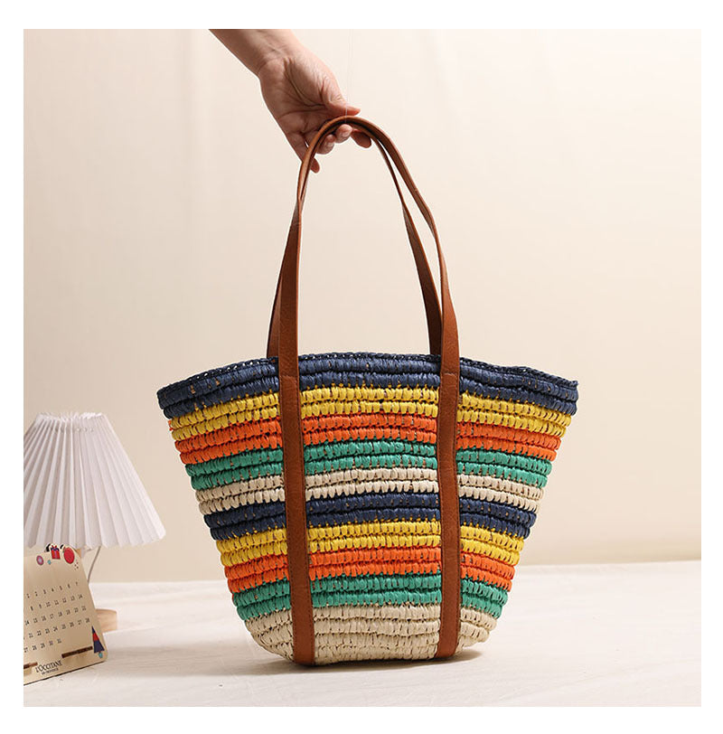 Fashionable Rainbow Stripe Woven Shoulder Bag  Large Capacity Handwoven Tote for Beach, Vacation & Everyday Use