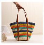 Fashionable Rainbow Stripe Woven Shoulder Bag  Large Capacity Handwoven Tote for Beach, Vacation & Everyday Use