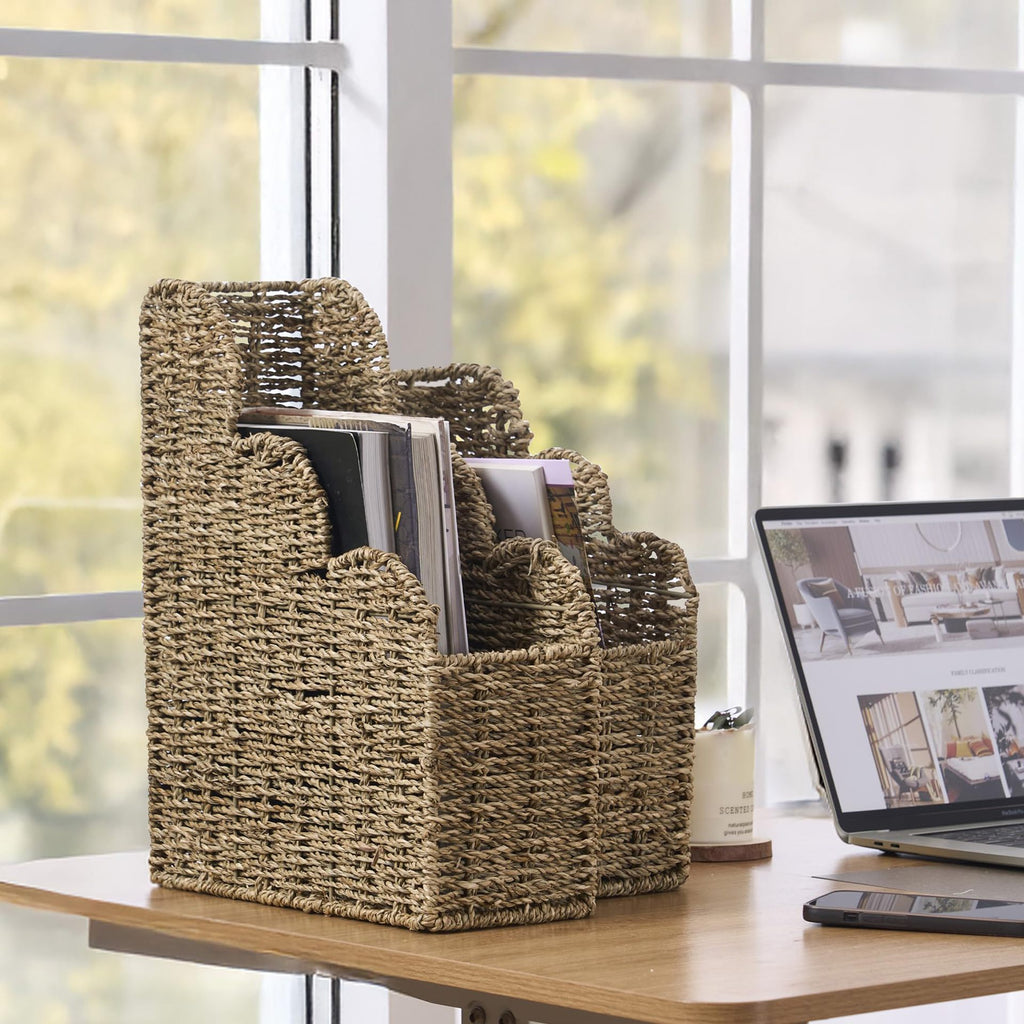 Seagrass Magazine Holder  Handwoven File Organizer Basket for Living Room & Home Office, Scalloped Design, 2 Sizes