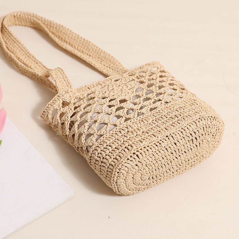 Raffia Straw Shoulder Bag  Minimal Solid-Color Hollow Woven Tote, Medium Open-Top Beach & Daily Handbag