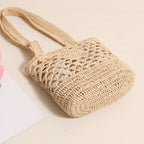 Raffia Straw Shoulder Bag  Minimal Solid-Color Hollow Woven Tote, Medium Open-Top Beach & Daily Handbag