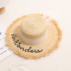Raffia Straw Flat Top Sun Hat with Ribbon  Wide Brim Beach Vacation Hat for Women