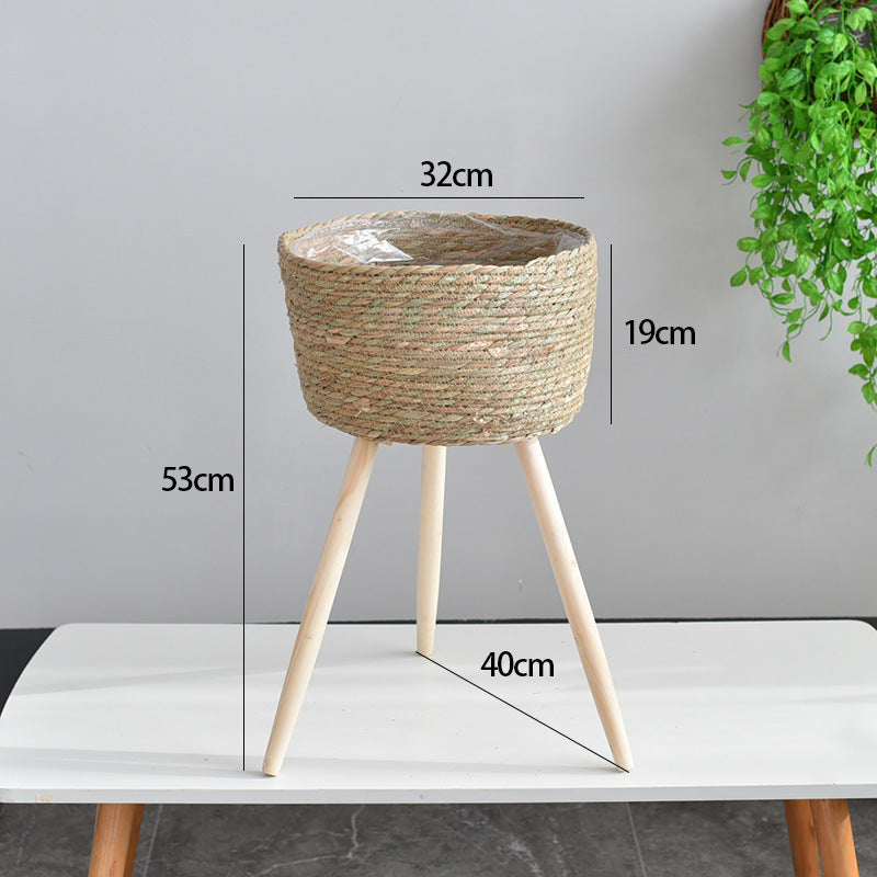 Woven Grass Planter Basket on Stand  Nordic Indoor Plant Holder for Living Room & Balcony
