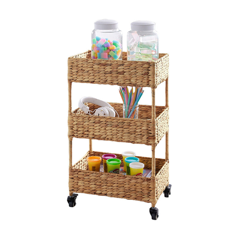 Handwoven Natural Grass Rolling Storage Cart  3-Tier Wicker Organizer with Wheels for Living Room, Bedroom & Home Organization