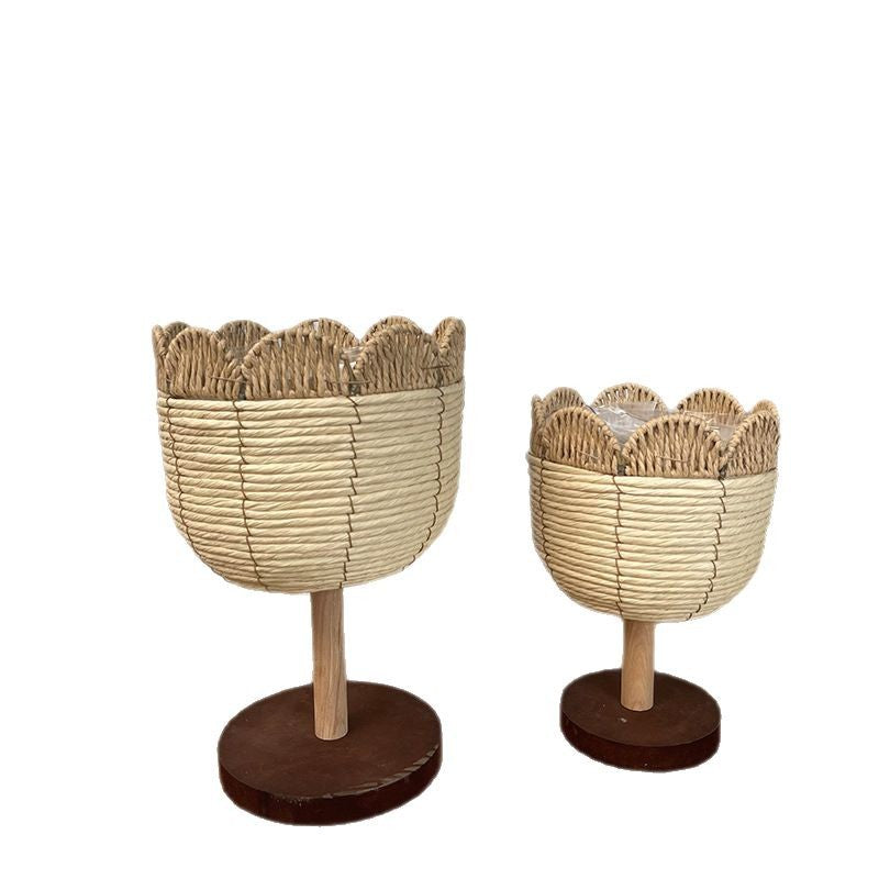 Handwoven Standing Seagrass Planter Basket Set with Pedestal Base  Decorative Indoor Floor Flower Pot Holder (Set of 2)