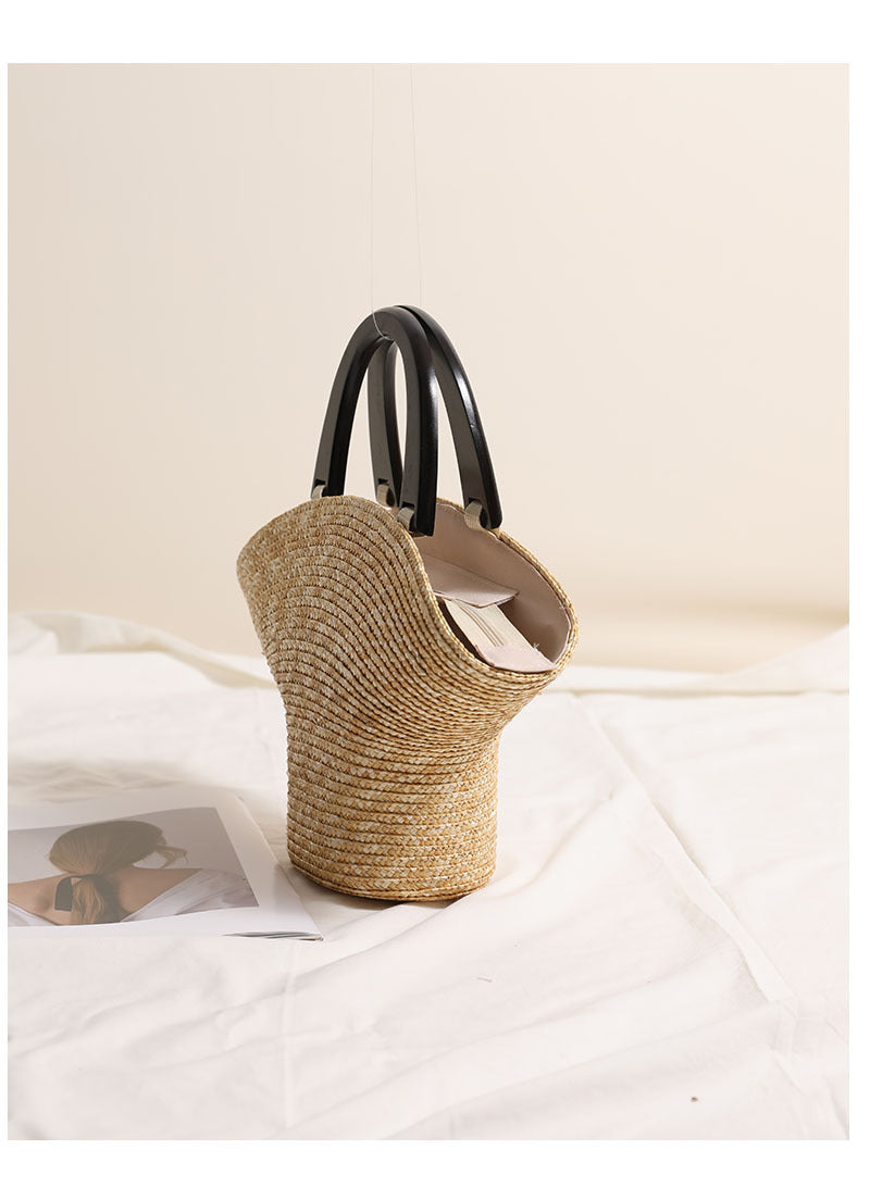 Wood Handle Straw Barrel Bag  Hat-Shape Woven Shoulder Handbag for Vacation Beach & Everyday Outfits
