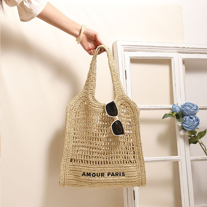 Hollow Out Straw Tote Bag Large Capacity Letter Embroidery Woven Beach Shoulder Bag