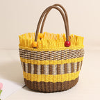 Cute Wooden Bead Straw Bucket Bag  Frayed Edge Paper Woven Handbag with Drawstring, Medium Beach & Holiday Tote