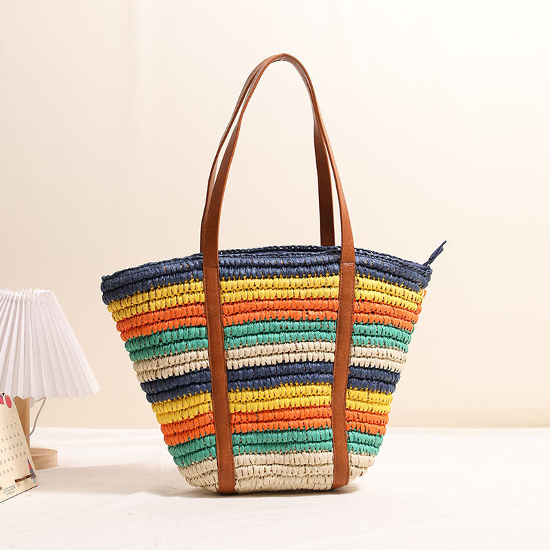 Fashionable Rainbow Stripe Woven Shoulder Bag  Large Capacity Handwoven Tote for Beach, Vacation & Everyday Use Secondary image