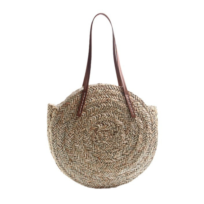 New aquatic plant round straw bag vacation beach bag single shoulder large capacity woven bag women's fashion simple rattan bag