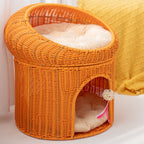 Breathable Woven Double-Layer Cat House with Cushion  All-Season Semi-Enclosed PP Rattan Pet Bed