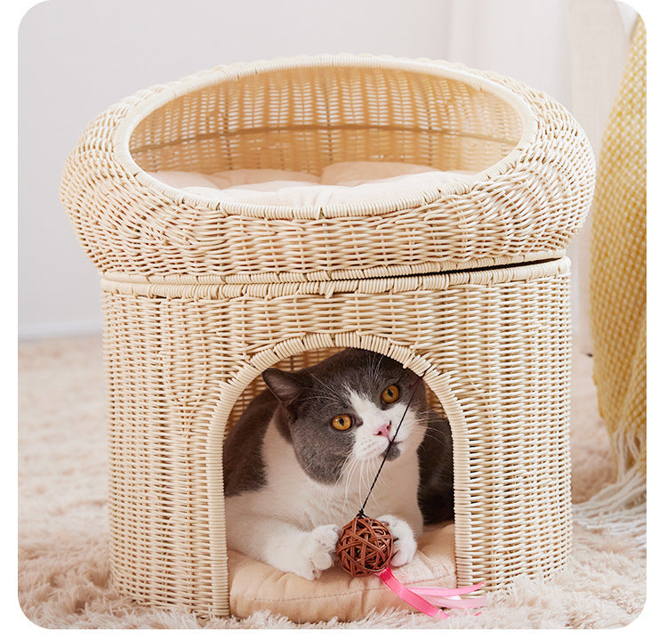 Breathable Woven Double-Layer Cat House with Cushion  All-Season Semi-Enclosed PP Rattan Pet Bed