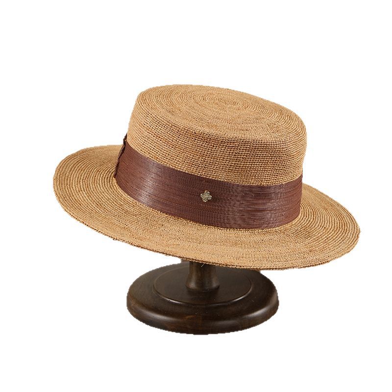 Handmade Silk Hemp Straw Hat with Ultra-Fine Crochet, Raffia Four-Leaf Clover Pendant, Flat Brim, Summer Sun Protection for Girls
