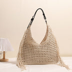 Fashionable Tassel Shoulder Raffia Bag  Large Capacity Hollow Weave Tote for Beach, Vacation & Everyday Use