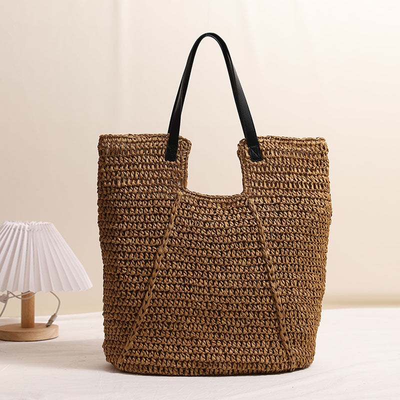 Fashionable Large Capacity Shoulder Raffia Bag  Versatile Solid Color Handheld Tote for Beach, Vacation & Everyday Use