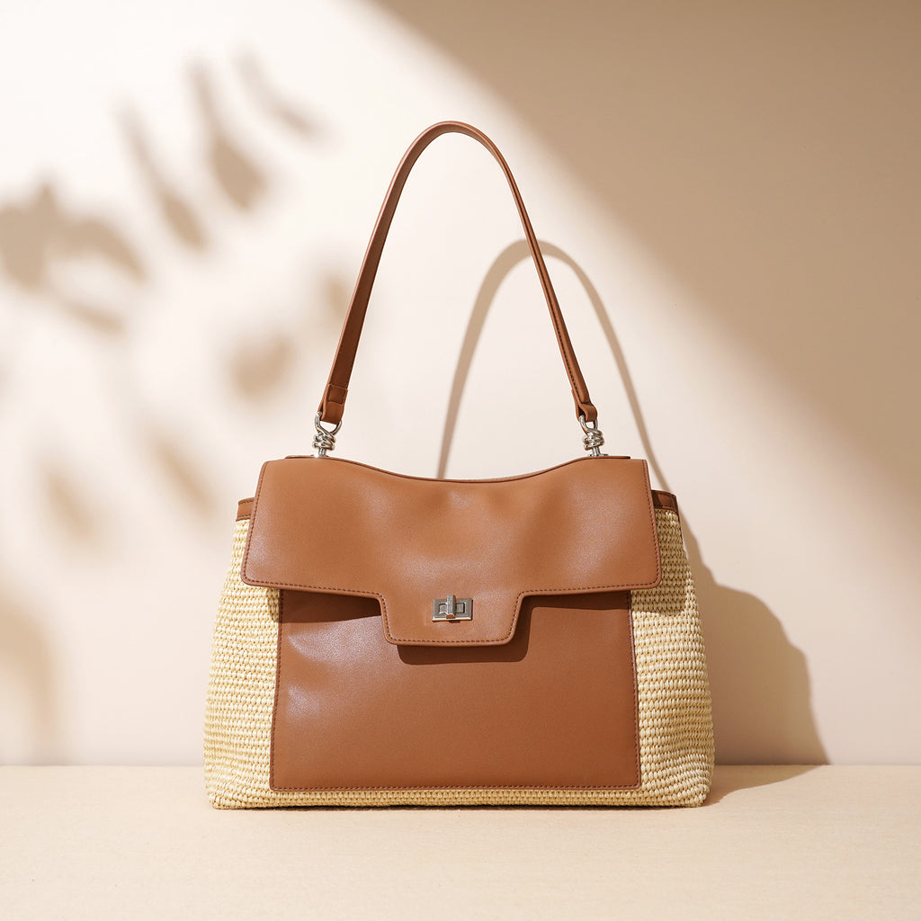 Leather Raffia Straw Tote Bag  Large Woven Shoulder & Crossbody Handbag with Lock Closure for Work and Casual