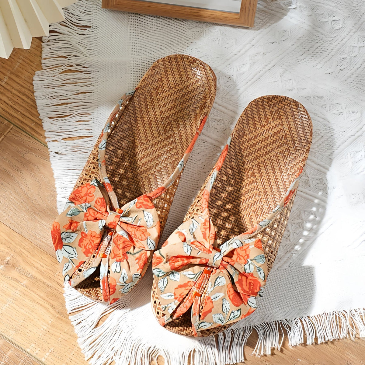 Handwoven Rattan Closed-Toe Slippers with Bow Detail  Summer Natural Weave Slides for Women