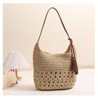 Heart Tassel Woven Straw Shoulder Bag Hollow Out Beach Handbag for Vacation Travel