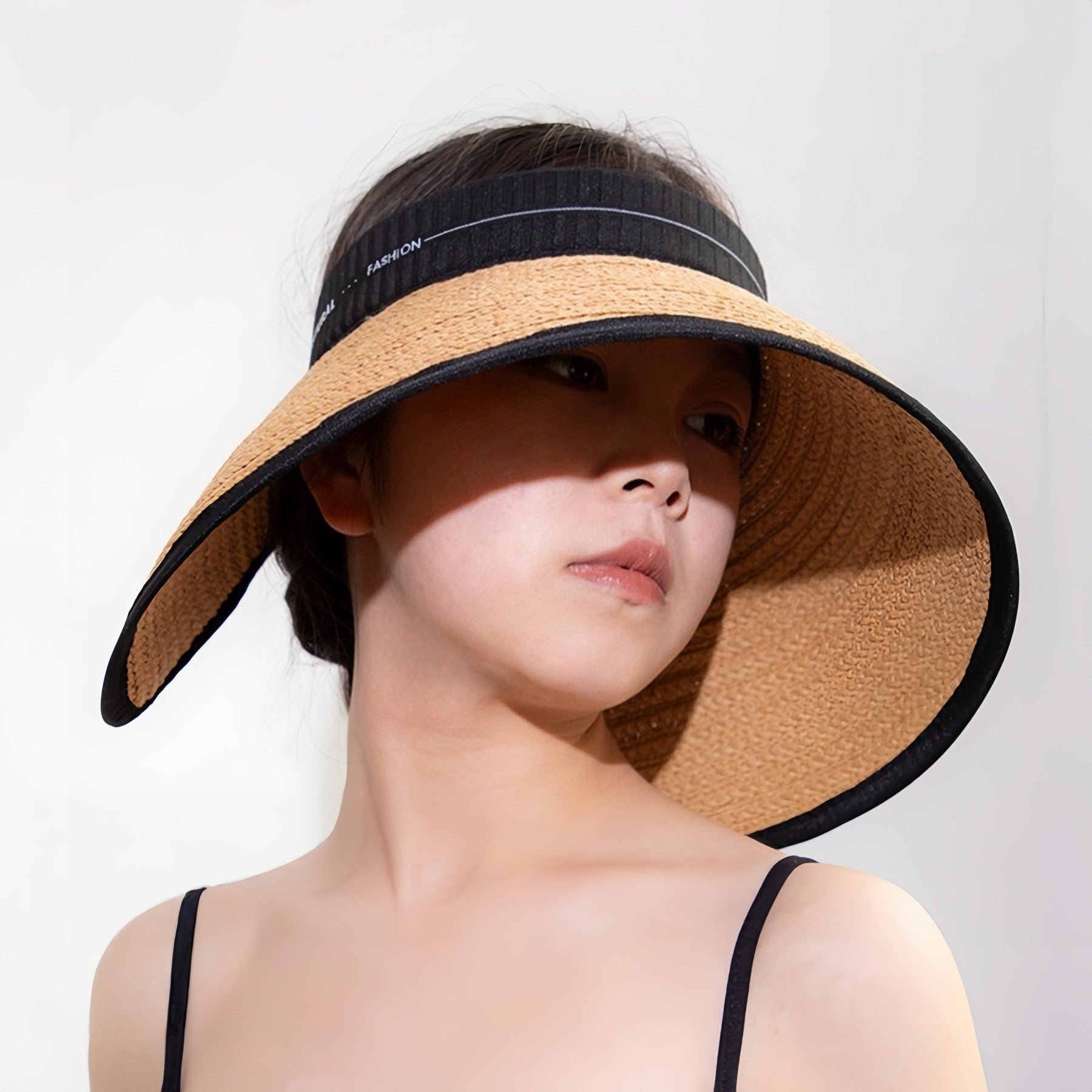 Raffia Wide-Brim Open-Top Sun Visor Hat for Women | Khaki Breathable UV-Shade Summer Hat Main image