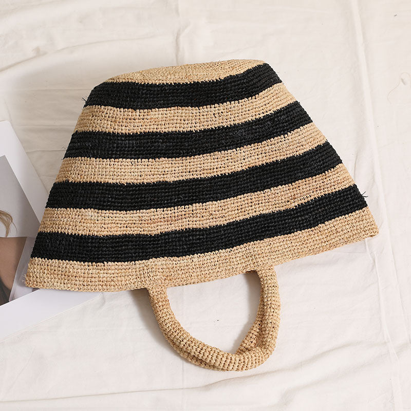 Raffia Large-Capacity Woven Tote Bag  Handcrafted Striped Open-Top Straw Handbag for Daily Use & Travel