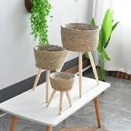 Woven Grass Planter Basket on Stand  Nordic Indoor Plant Holder for Living Room & Balcony