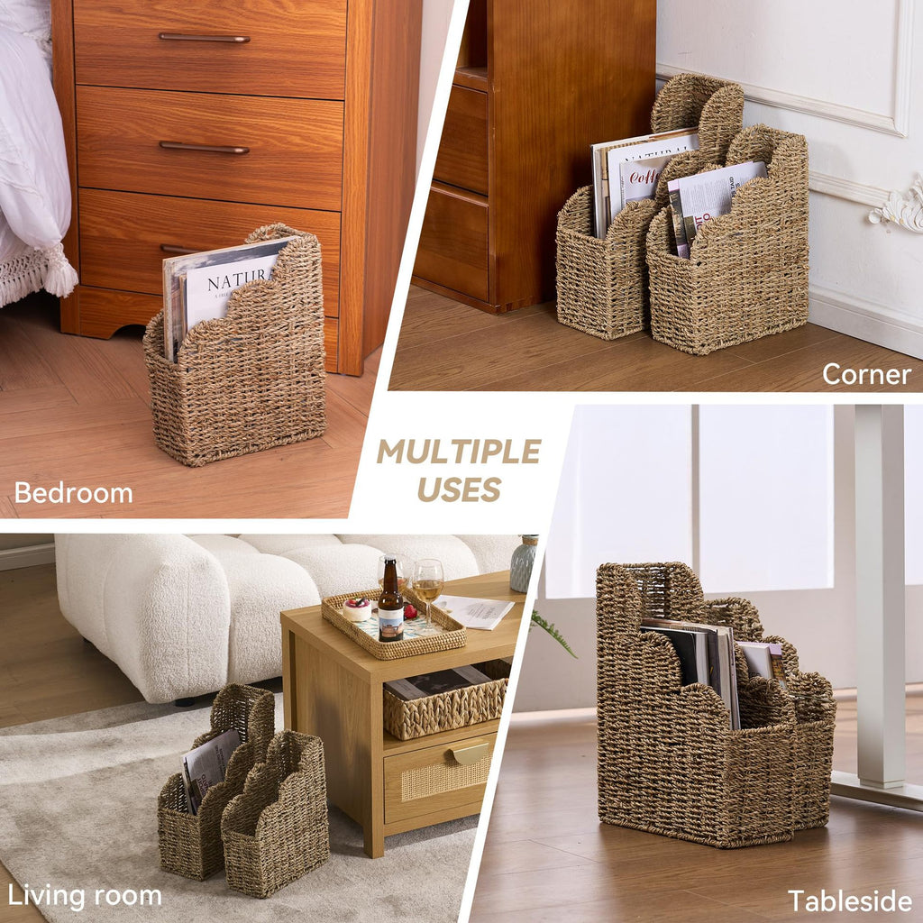 Seagrass Magazine Holder  Handwoven File Organizer Basket for Living Room & Home Office, Scalloped Design, 2 Sizes