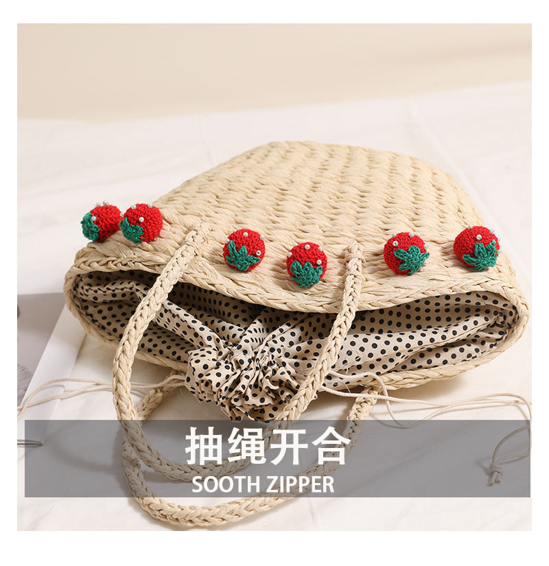 Cute Strawberry Woven Tote Basket  Handcrafted Paper Straw Shoulder Bag with Drawstring, Medium Daily & Beach Carry Bag