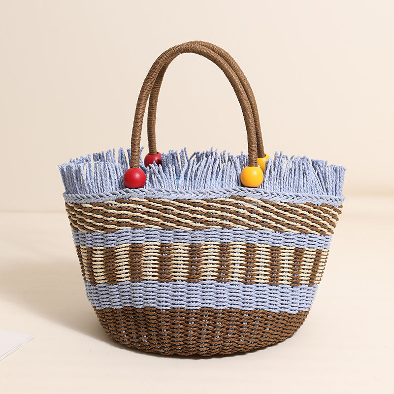 Cute Wooden Bead Straw Bucket Bag  Frayed Edge Paper Woven Handbag with Drawstring, Medium Beach & Holiday Tote