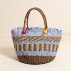 Cute Wooden Bead Straw Bucket Bag  Frayed Edge Paper Woven Handbag with Drawstring, Medium Beach & Holiday Tote