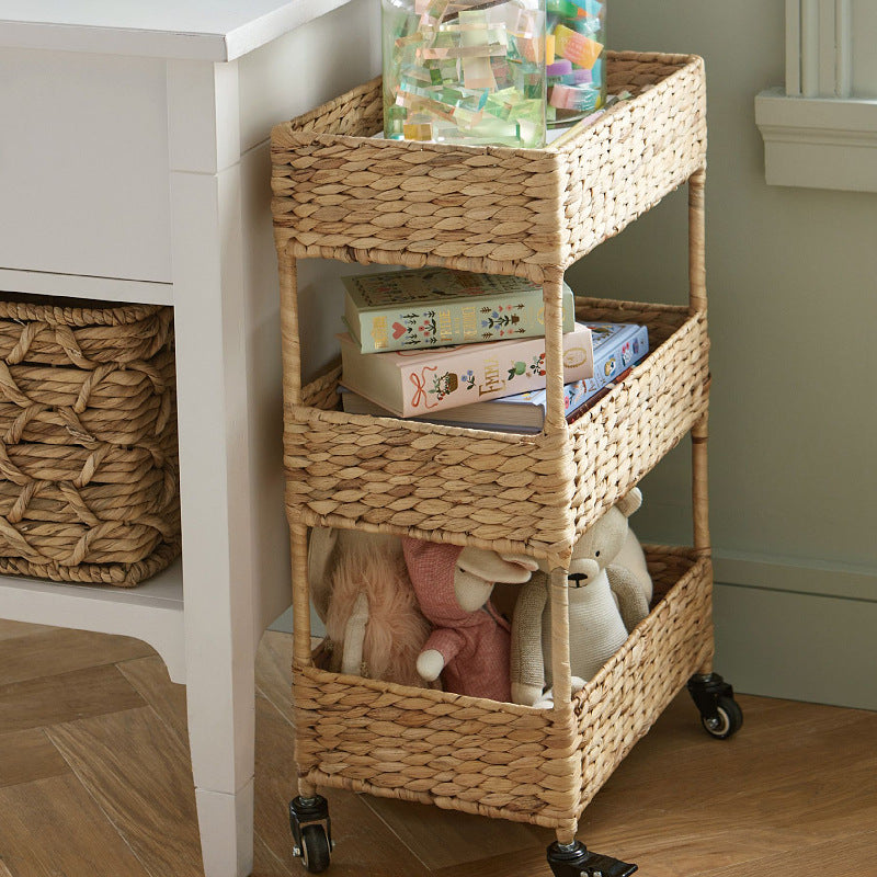 Handwoven Natural Grass Rolling Storage Cart  3-Tier Wicker Organizer with Wheels for Living Room, Bedroom & Home Organization