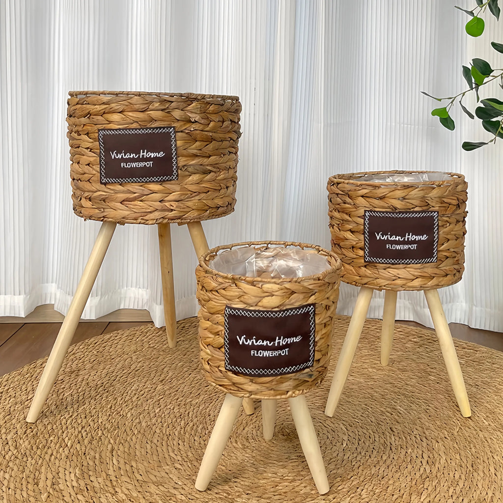 Handwoven Grass Floor Plant Stand Basket with Wooden Legs, Rustic Flower Pot Holder for Living Room & Balcony, 3-Piece Set