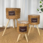 Handwoven Grass Floor Plant Stand Basket with Wooden Legs, Rustic Flower Pot Holder for Living Room & Balcony, 3-Piece Set